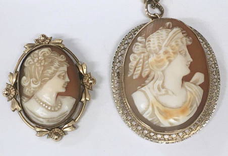 2 CLASSICALLY CARVED SHELL CAMEOS IN GF FRAMES 1 W/: 2 CLASSICALLY CARVED SHELL CAMEOS IN GF FRAMES 1 W/ 10KT GOLD CHAIN 1 W/ 10KT GOLD CHAIN