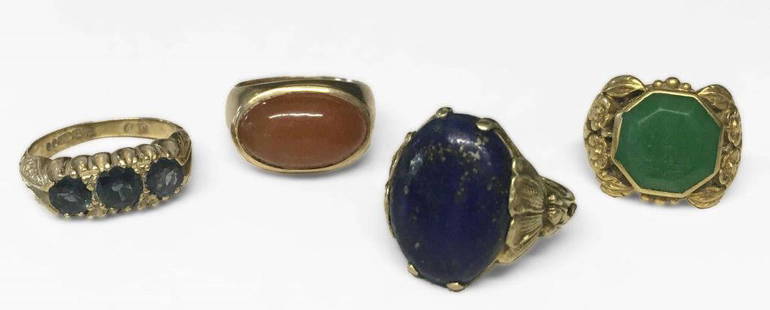 4 VINTAGE RINGS, LAPIS, JADE, CARNELIAN & SAPPHIRE ALL: 4 VINTAGE RINGS, LAPIS, JADE, CARNELIAN & SAPPHIRE ALL 14KT APPROX. 12.7 DWT ALL 14KT APPROX. 12.7 DWT