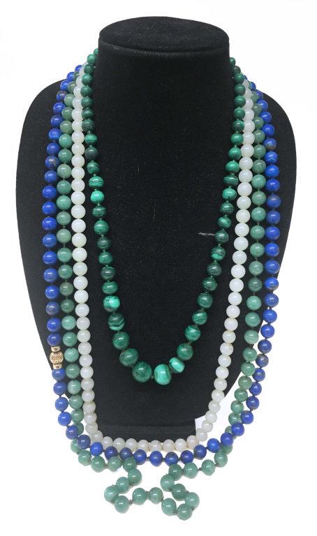 4 STRANDS OF BEADS, 38" DARK JADE, 34" LAPIS, 24": 4 STRANDS OF BEADS, 38" DARK JADE, 34" LAPIS, 24" GRADUATED MALACHITE & 30" LIGHT JADE 24" GRADUATED MALACHITE & 30" LIGHT JADE