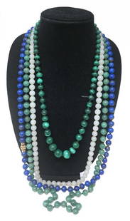 4 STRANDS OF BEADS, 38" DARK JADE, 34" LAPIS, 24": 4 STRANDS OF BEADS, 38" DARK JADE, 34" LAPIS, 24" GRADUATED MALACHITE & 30" LIGHT JADE 24" GRADUATED MALACHITE & 30" LIGHT JADE