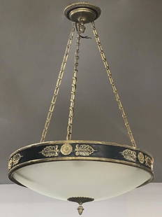BRONZE REGENCY STYLE HALF DOME CHANDELIER ATTRIB. TO: BRONZE REGENCY STYLE HALF DOME CHANDELIER ATTRIB. TO CALDWELL & COMPANY ATTRIB. TO CALDWELL & COMPANY24 ½” diam x 16” drop to the pan with the 3 chains attached x 36” to the dish below that.