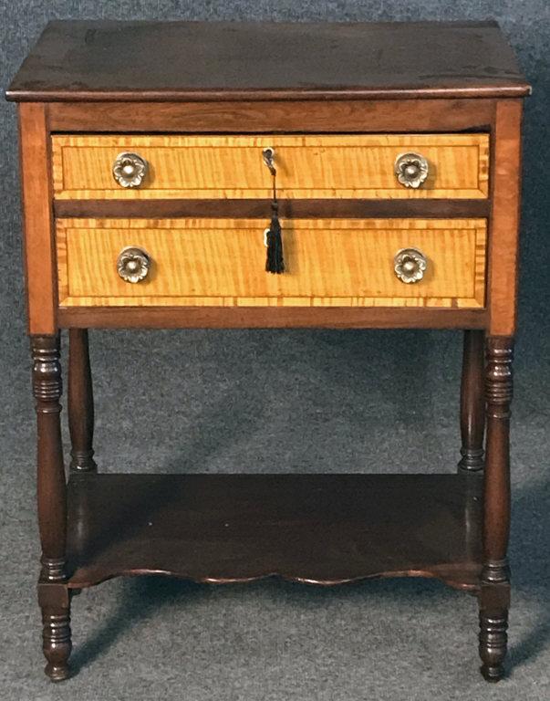 2 DRAWER WORK TABLE W/ FIGURED MAPLE DRAWER FRONTS 29": 2 DRAWER WORK TABLE W/ FIGURED MAPLE DRAWER FRONTS 29" TALL X 22 3/4" W X 17" DEEP 29" TALL X 22 3/4" W X 17" DEEP