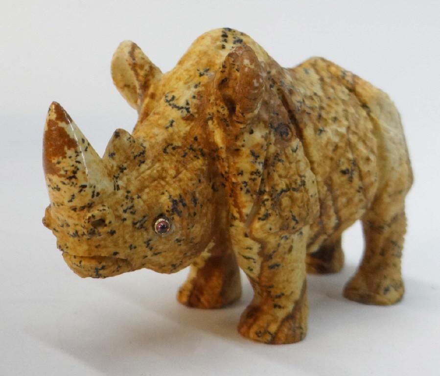 RUSSIAN HARD STONE CARVED 3 1/2" LONG RHINOCEROS W/: RUSSIAN HARD STONE CARVED 3 1/2" LONG RHINOCEROS W/ GEM SET EYES W/ GEM SET EYES
