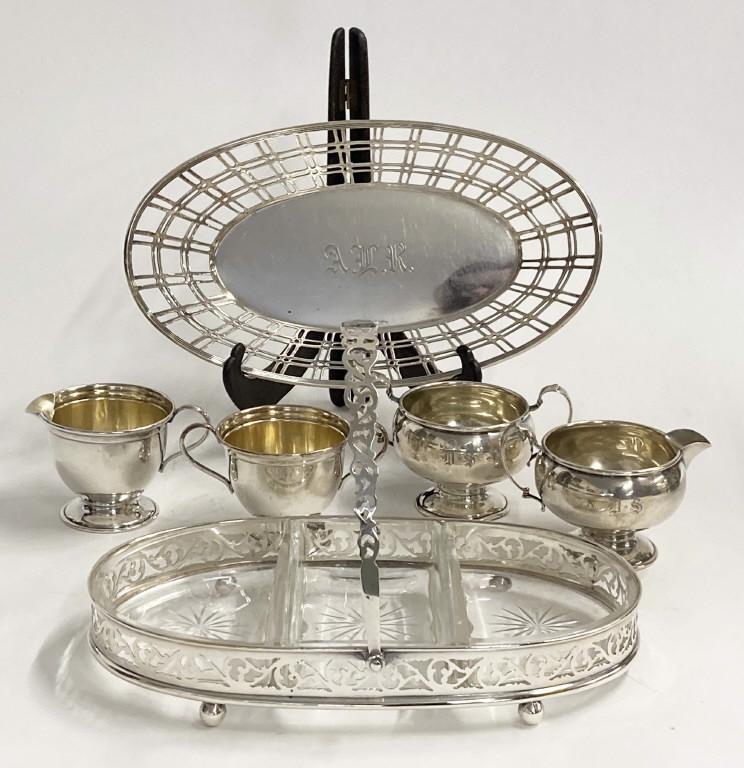 STERLING SILVER TABLE ARTICLES INC.SWEET MEAT TRAY: STERLING SILVER TABLE ARTICLES INC.SWEET MEAT TRAY BREAD BASKET, SUGAR & CREAMER APPROX. 31.6 TROY OZ BREAD BASKET, SUGAR & CREAMER APPROX. 31.6 TROY OZ