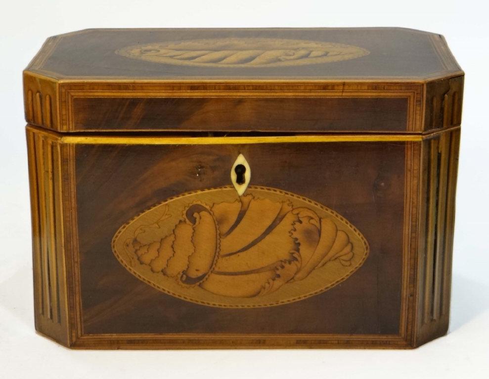 INLAID 19THC. DOUBLE BIN TEA CADDY (7 1/2" X 4 1/4" X: INLAID 19THC. DOUBLE BIN TEA CADDY (7 1/2" X 4 1/4" X 5" TALL) (7 1/2" X 4 1/4" X 5" TALL)