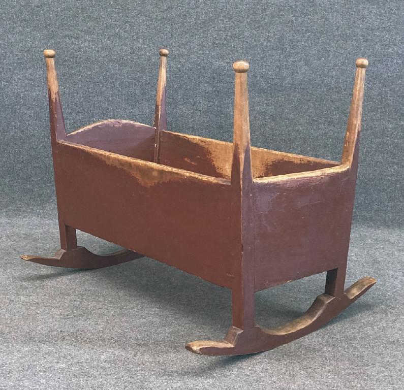 18THC. CRADLE IN ORIGINAL RED PAINT 37 1/2" LONG 37: 18THC. CRADLE IN ORIGINAL RED PAINT 37 1/2" LONG 37 1/2" LONG