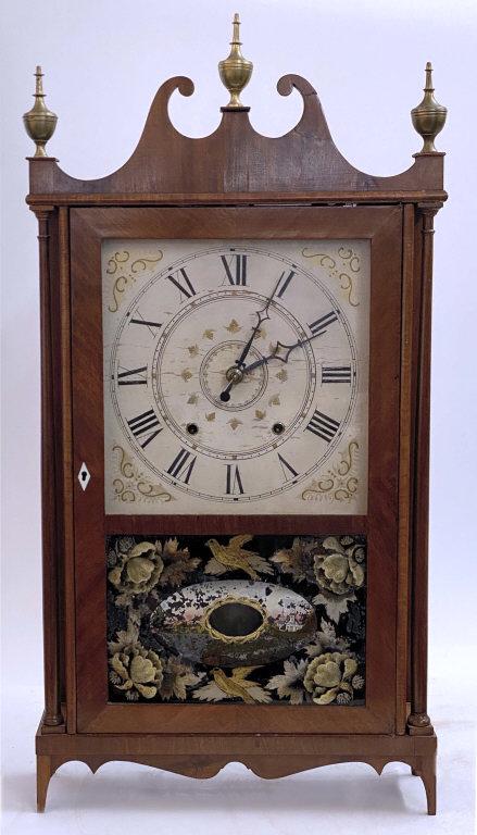 AMERICAN PILLAR & SCROLL CLOCK BY CHAUNCEY IVES W/: AMERICAN PILLAR & SCROLL CLOCK BY CHAUNCEY IVES W/ ORIGINAL TABLET & FACE (31" TALL X 16 1/2" WIDE ) W/ ORIGINAL TABLET & FACE (31" TALL X 16 1/2" WIDE )