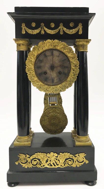 EBONIZED PORTICO CLOCK W/ ORMOLU DECORATION 20" TALL: EBONIZED PORTICO CLOCK W/ ORMOLU DECORATION 20" TALL 20" TALL