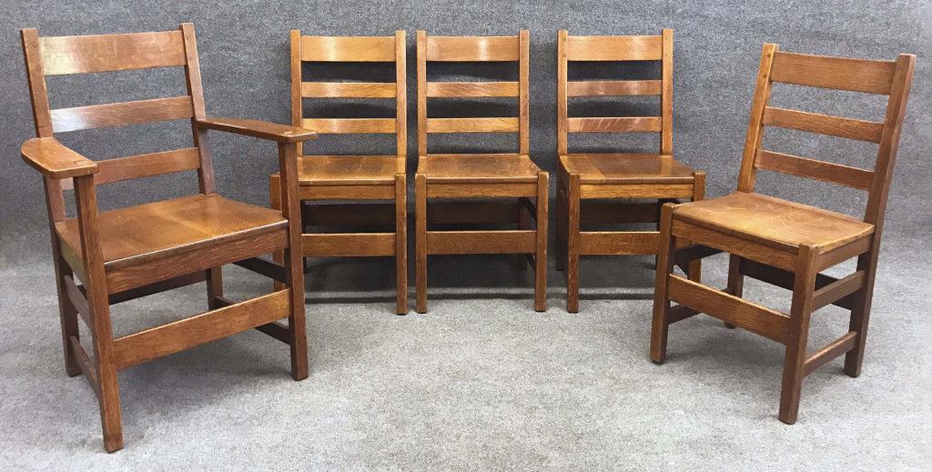 5 L & J G STICKLEY DINING CHAIRS, 1 ARM & 4 SIDE ALL IN: 5 L & J G STICKLEY DINING CHAIRS, 1 ARM & 4 SIDE ALL IN ORIGINAL FINISH ALL IN ORIGINAL FINISH