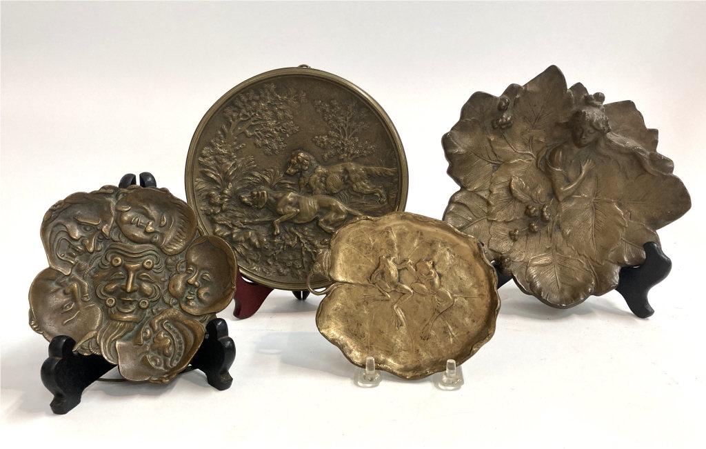 4 BRONZE TRAYS INC. FACES & MASKS, A.J. FORETAY,: 4 BRONZE TRAYS INC. FACES & MASKS, A.J. FORETAY, HUNTING DOGS, FORGS ON LILY PAD, LARGEST 8" HUNTING DOGS, FORGS ON LILY PAD, LARGEST 8"