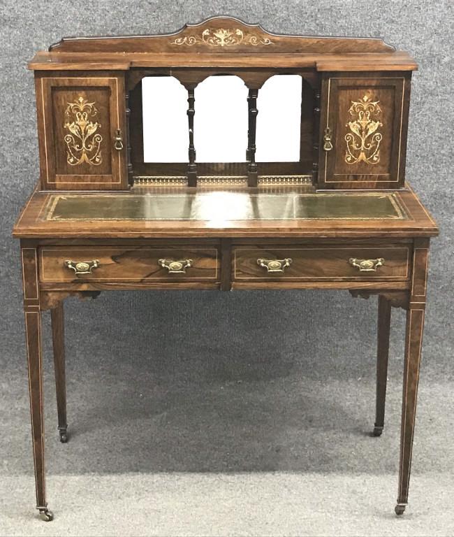 EDWARDIAN LADIES WRITING DESK W/ INLAY & LEATHER INSET: EDWARDIAN LADIES WRITING DESK W/ INLAY & LEATHER INSET WRITING SURFACE (34 3/4" X 17 3/4" DEEP) & LEATHER INSET WRITING SURFACE (34 3/4" X 17 3/4" DEEP)