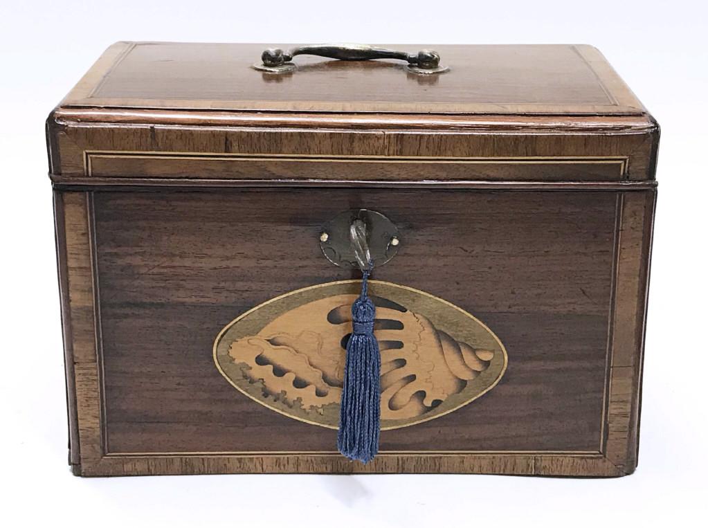 TRIPLE BIN TEA CADDY W/ CONCH SHELL INLAY 10" X 6" X 6: TRIPLE BIN TEA CADDY W/ CONCH SHELL INLAY 10" X 6" X 6 1/2" 10" X 6" X 6 1/2"