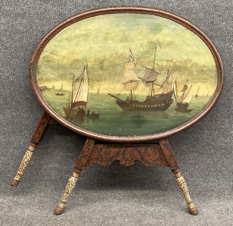 HAND PAINTED DUTCH FOLDING TRAY TABLE W MARITIME SCENE: HAND PAINTED DUTCH FOLDING TRAY TABLE W MARITIME SCENE (TOP: 28" X 40") 24" TALL W MARITIME SCENE (TOP: 28" X 40") 24" TALL