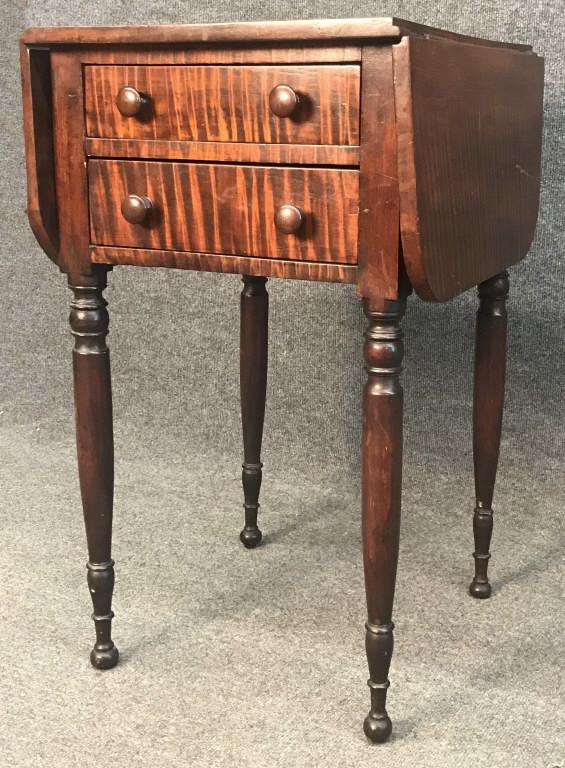 TIGER MAPLE TWO DRAWER DROPLEAF STAND 29 3/4" X 17" X: TIGER MAPLE TWO DRAWER DROPLEAF STAND 29 3/4" X 17" X 20" 29 3/4" X 17" X 20"