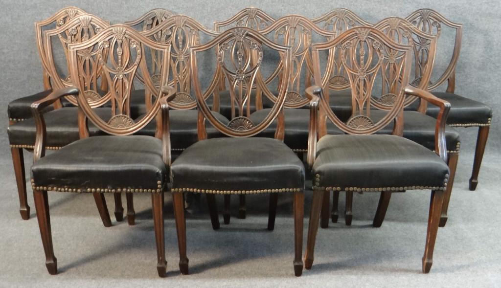 SET OF 12 HEPPLEWHITE SHIELD BACK CHAIRS ENGLISH,: SET OF 12 HEPPLEWHITE SHIELD BACK CHAIRS ENGLISH, 19THC. (REPAIRS) ENGLISH, 19THC. (REPAIRS)