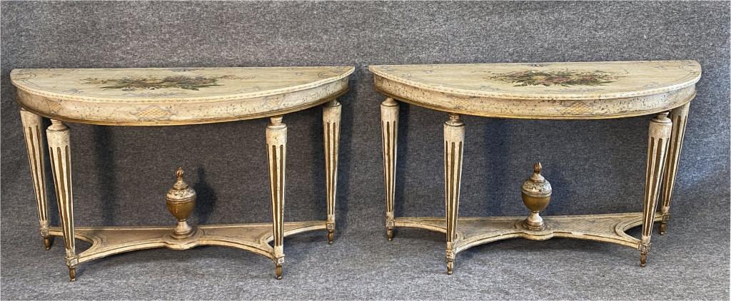 PR OF PAINT DECORATED DEMILUNE CONSOLE TABLES 59 1/2": PR OF PAINT DECORATED DEMILUNE CONSOLE TABLES 59 1/2" X 23" DEEP X 33 1/2" TALL 2