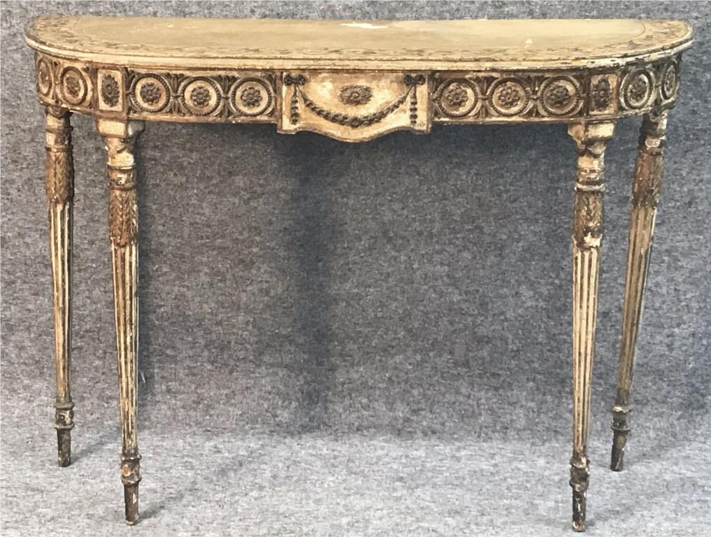 EARLY 19THC. PAINTED DEMI LUNE CONSOLE TABLE W/ REEDED: EARLY 19THC. PAINTED DEMI LUNE CONSOLE TABLE W/ REEDED LEGS (44" WIDE X 13 5/8" DEEP X 35 1/2" TALL) 2