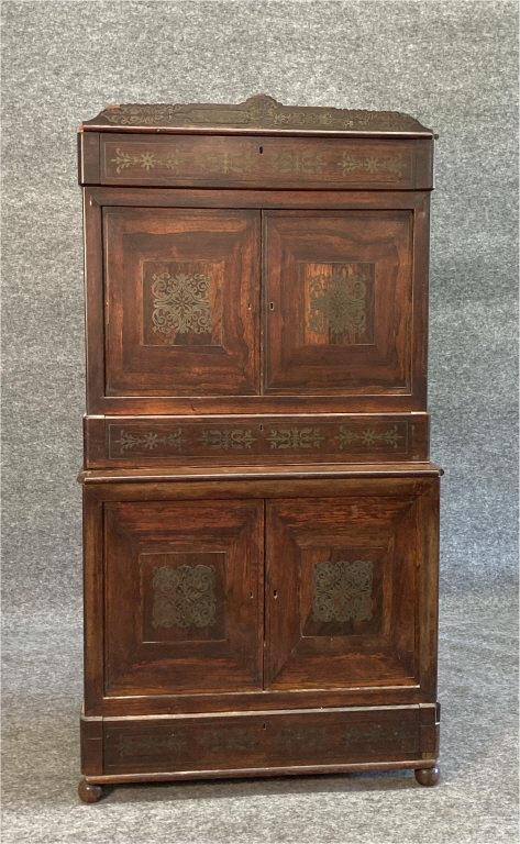 ROSEWOOD COLLECTION CABINET WITH BRASS INLAY PROB.: ROSEWOOD COLLECTION CABINET WITH BRASS INLAY PROB. JOS. BARRY, PHILA. (61" TALL X 32" WIDE X 16" DEEP) 2