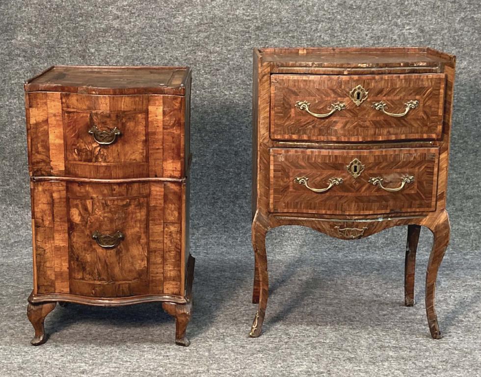 2 ROCOCO MARQUETRY SERPENTINE FRONT COMMODES BOTH W/ 2: 2 ROCOCO MARQUETRY SERPENTINE FRONT COMMODES BOTH W/ 2 DRAWERS (32 1/2" T X 21" WIDE X 12 1/4" D) & (29 1/2" T X 16 1/2" W X 14 1/2" DEEP) 2