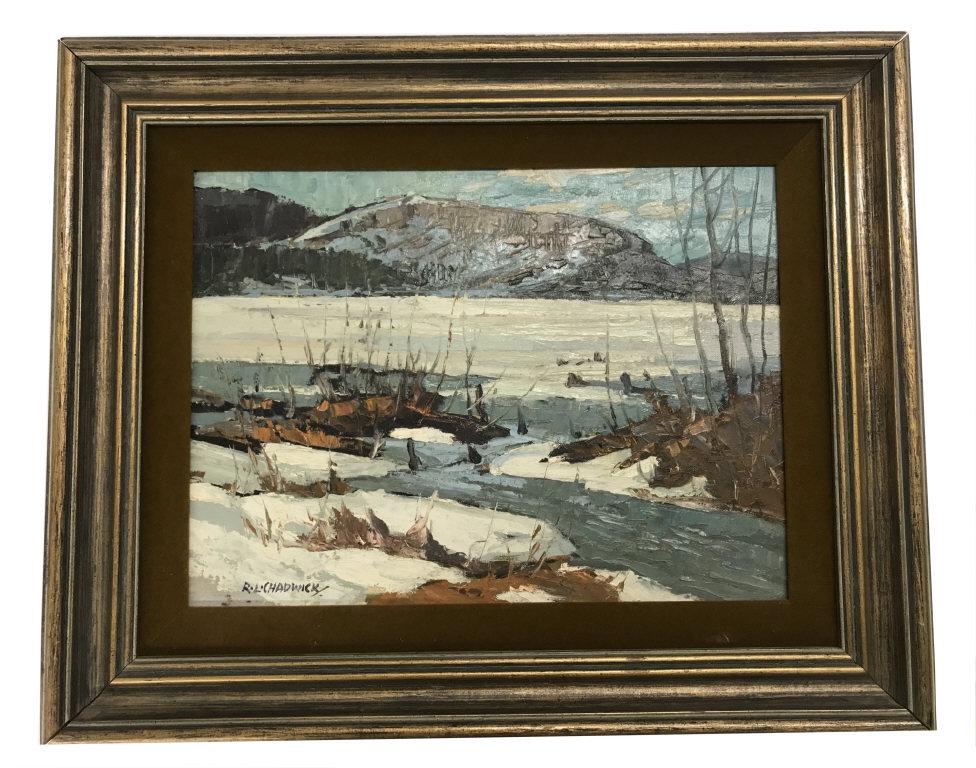 "HEAD LAKE HALI BURTON EARLY SPRING" R.L. CHADWICK OIL/: "HEAD LAKE HALI BURTON EARLY SPRING" R.L. CHADWICK OIL/ BOARD (ROBERT LEE CHADWICK 1905 -1971) (12" X 16") 2