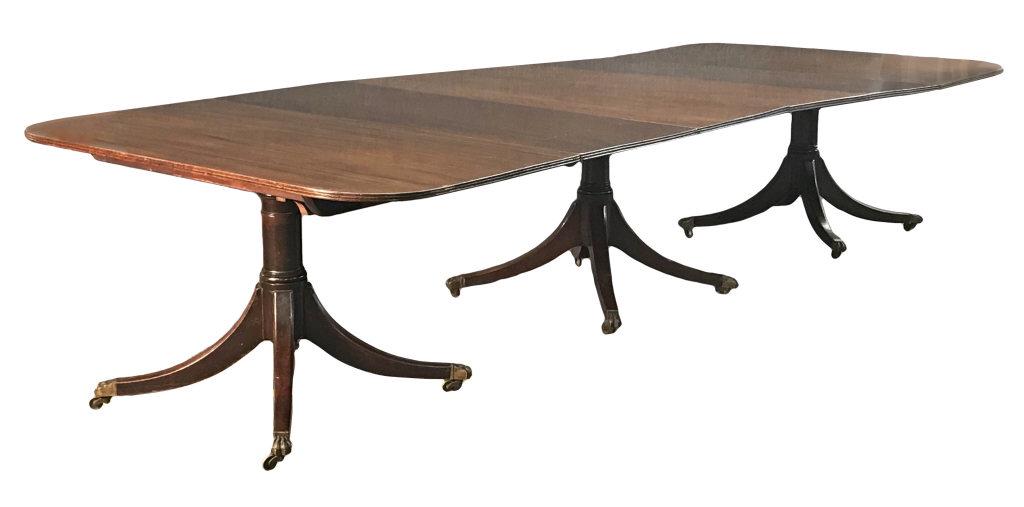 EARLY 19THC. TRIPLE PEDESTAL DINING TABLE 2 LEAVES WITH: EARLY 19THC. TRIPLE PEDESTAL DINING TABLE 2 LEAVES WITH TILTING TOPS (55 3/4" WIDE X 28 1/2" TALL X 140" ) 2 LEAVES WITH TILTING TOPS (55 3/4" WIDE X 28 1/2" TALL X 140" ) 2 LEAVES WITH TILTING TOPS (