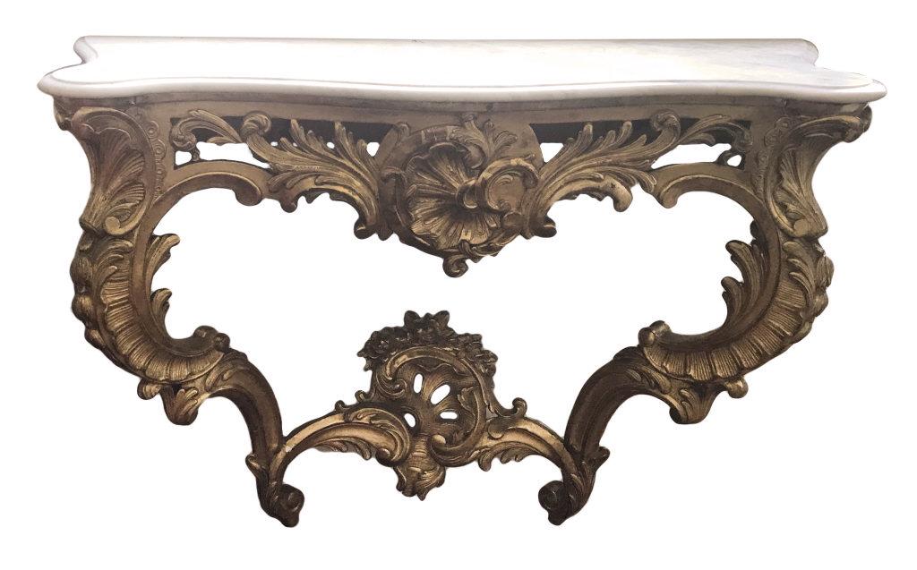 MARBLE TOP GILTWOOD CONSOLE TABLE C. 1835 36 1/2" TALL: MARBLE TOP GILTWOOD CONSOLE TABLE C. 1835 36 1/2" TALL X 50" WIDE X 19" DEEP) 36 1/2" TALL X 50" WIDE X 19" DEEP) 36 1/2" TALL X 50" WIDE X 19" DEEP)