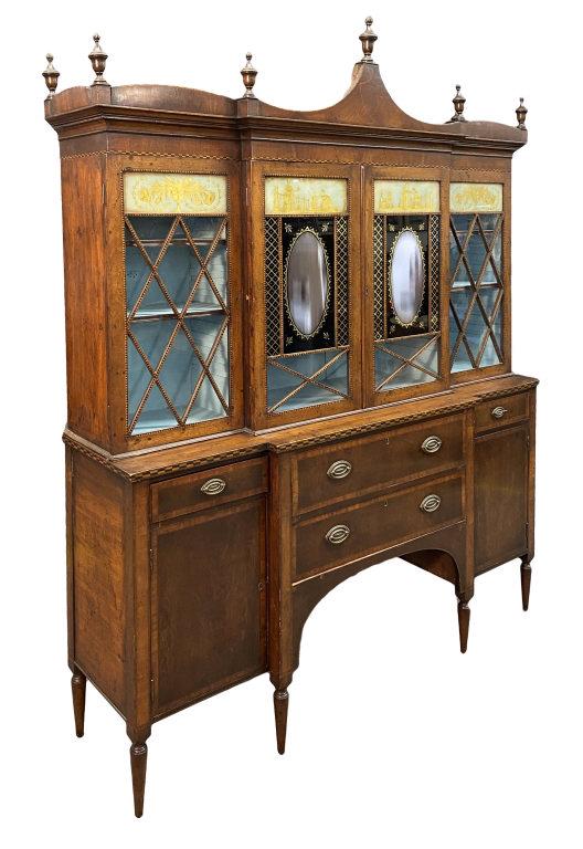 DIMINUTIVE EARLY 19THC.BREAKFRONT, EGOLMISE PANELS 85": DIMINUTIVE EARLY 19THC.BREAKFRONT, EGOLMISE PANELS 85" TALL X 63" WIDE X 16 3/4" DEEP 85" TALL X 63" WIDE X 16 3/4" DEEP 85" TALL X 63" WIDE X 16 3/4" DEEP