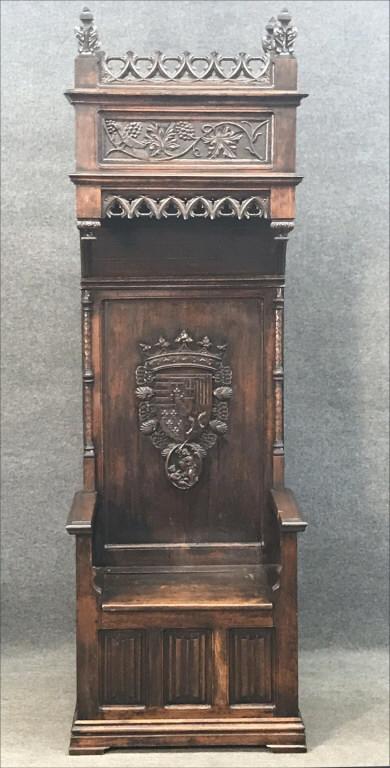 ENGLISH 19THC. HALL SEAT W/ COAT ARMS 93" TALL X 30": ENGLISH 19THC. HALL SEAT W/ COAT ARMS 93" TALL X 30" WIDE X 21" DEEP 93" TALL X 30" WIDE X 21" DEEP 93" TALL X 30" WIDE X 21" DEEP