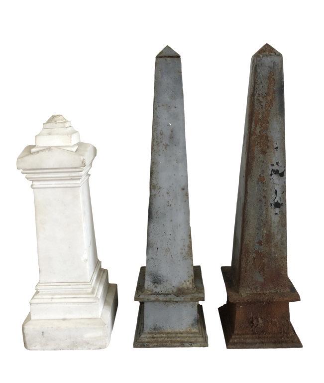 WHITE MARBLE OBELISK & PR OF CAST IRON OBELISKS 24": WHITE MARBLE OBELISK & PR OF CAST IRON OBELISKS 24" TALLEST 24" TALLEST 24" TALLEST