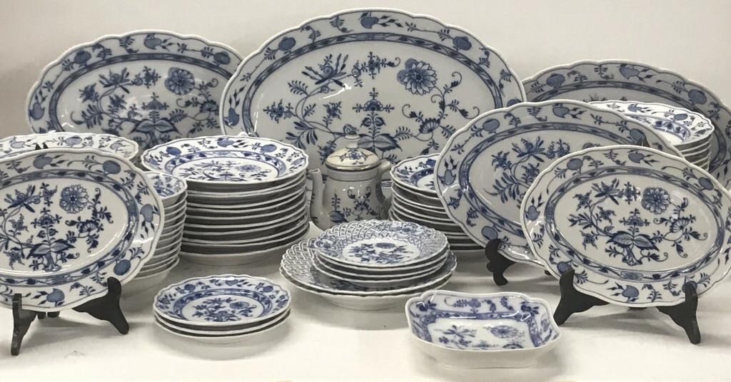 ASSEMBLED SET OF MEISSEN INC. 2 - 15" PLATTERS ,1- 19": ASSEMBLED SET OF MEISSEN INC. 2 - 15" PLATTERS ,1- 19" & 13 3/4". 2 - 11" OVAL DISHES, 21 9 1/2" PLATES, 10- 8" PLATES, 5 LG SOUP PLATES, 9 - 9" SOUP PLATES