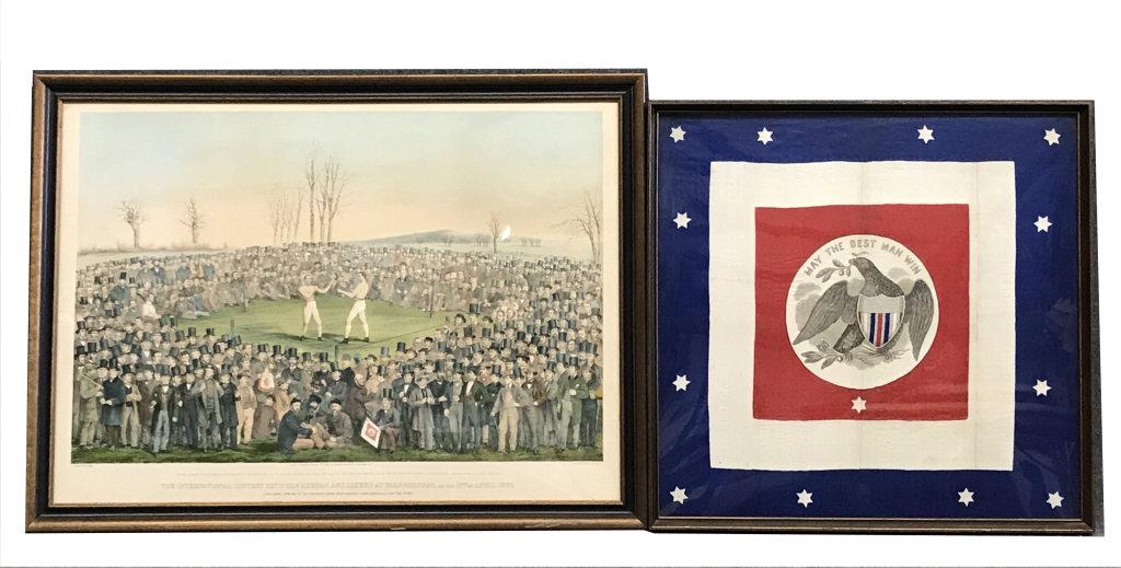 RARE BOXING PRINT W/ SOUVENIR FLAG,HEENAN & SAYERS: RARE BOXING PRINT W/ SOUVENIR FLAG,HEENAN & SAYERS 1860, IST INTERNATIONAL WORLD BOXING CHAMPIONSHIP, FLAG SHOWN IN PRINT, PUBL. BY NEWBOLD, PRINTED BOFFED SONS, BOSTON, PRINT 29 1/2" X 41 1/2" FLAG 3