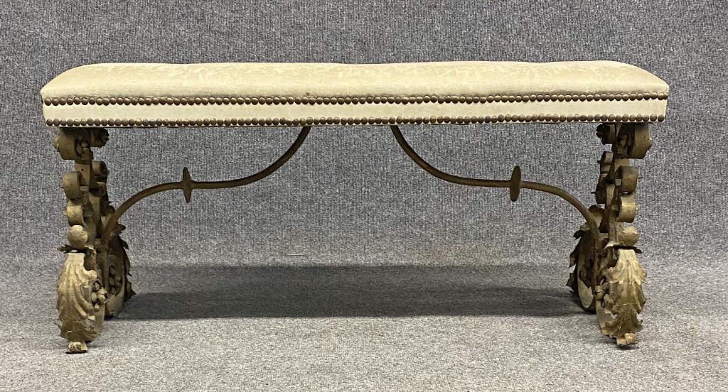 ROCOCCO INSPIRED IRON BASED WINDOW SEAT, 19THC: ROCOCCO INSPIRED IRON BASED WINDOW SEAT, 19THC CONTINENTAL (18" TALL X 38" LONG X 10" WIDE
