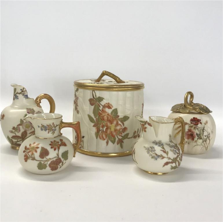ROYAL WORCESTER CREAMWARE INC. BISCUIT DRUM, 3 CREME: ROYAL WORCESTER CREAMWARE INC. BISCUIT DRUM, 3 CREME POTS & COVERED JAR, EXC. CONDITION