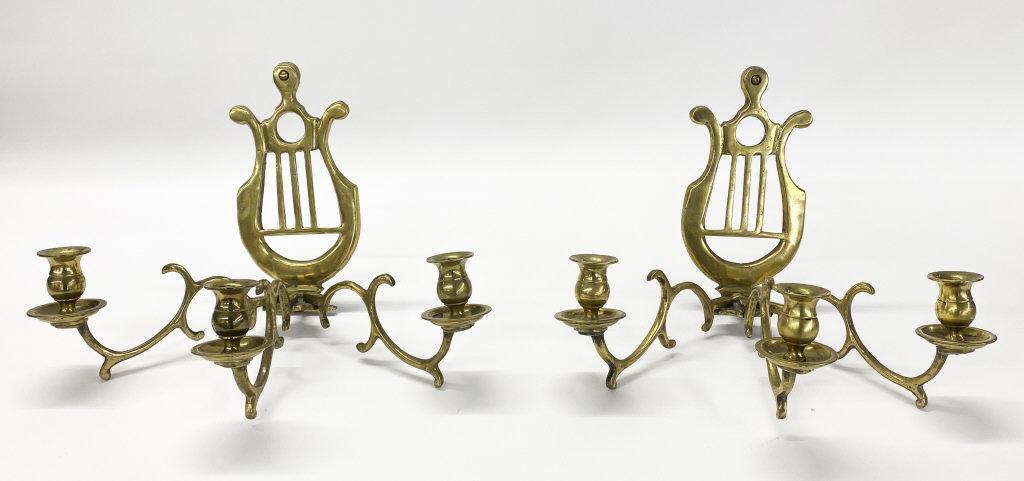 PAIR OF BRASS THREE CANDLE LIGHT WALL SCONCES WITH: PAIR OF BRASS THREE CANDLE LIGHT WALL SCONCES WITH SHIELD BACK