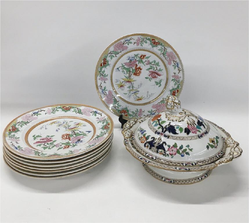 8 GENOA PATTERN IRONSTONE PLATES & MINTON YORK PATTERN: 8 GENOA PATTERN IRONSTONE PLATES & MINTON YORK PATTERN COV. VEG DISH