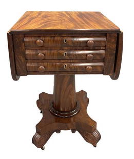 C. 1820 MAHOGANY WORK TABLE ATT. TO ISAAC VOSE, BOSTON,: C. 1820 MAHOGANY WORK TABLE ATT. TO ISAAC VOSE, BOSTON, 3 DRAWERS W/ DESK IN TOP DR(29" X 20 1/2" X 18") 40" OPEN