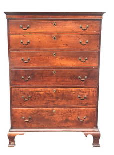 EARLY 19THC. CHERRY 6 DRAWER TALL CHEST WITH TRAY TOP,: EARLY 19THC. CHERRY 6 DRAWER TALL CHEST WITH TRAY TOP, ORIGINAL FINISH & BRASS 55" T X 36" W X 18" DEEP