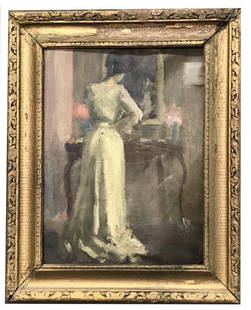 BOSTON SCHOOL "GIRL AT A MIRROR" OIL/BOARD UNSGND (13": BOSTON SCHOOL "GIRL AT A MIRROR" OIL/BOARD UNSGND (13" X 9 1/2" ) WATER DMG