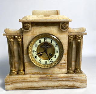 MARBLE CLOCK WITH ORMOLU CORINTHIAN COLUMNS & ROSETTES,: MARBLE CLOCK WITH ORMOLU CORINTHIAN COLUMNS & ROSETTES, WORKING (11 1/2' X 12 1/4" X 7 5/8")