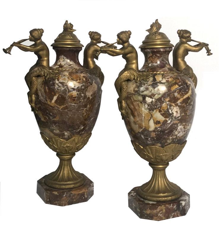 PR OF ROUGE MARBLE URN GARNITURE SET ORMOLU MERMAIDS & (1 of 5)