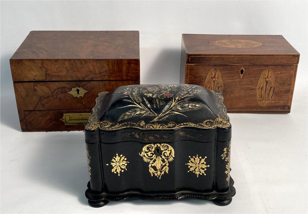 3 BOXES, INLAID GEO III 2 BIN TEA CADDY, TRAVEL JEWELRY (1 of 14)