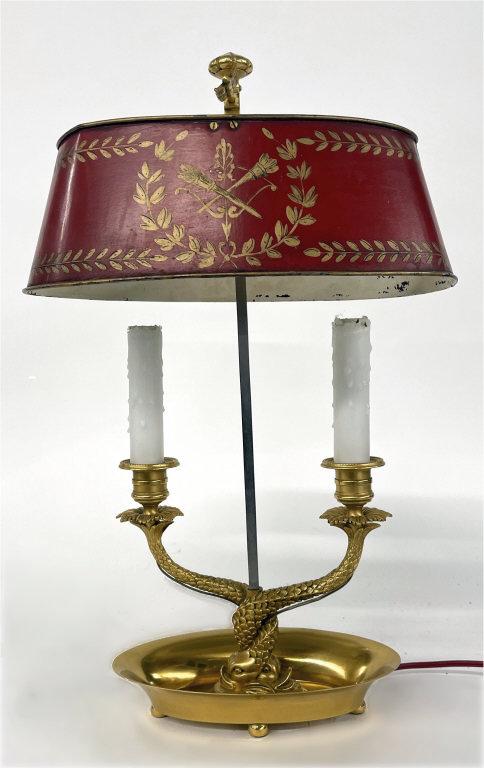 DOLPHIN BASED BOULOTTE LAMP WITH TOLE SHADE 20THC.: DOLPHIN BASED BOULOTTE LAMP WITH TOLE SHADE 20THC. (18 1/2' TALL X 12" WIDE X 8" DEEP