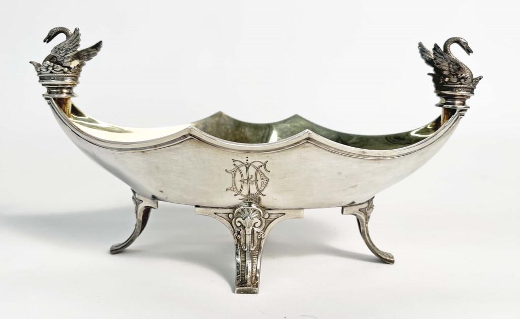 STERLING SILVER FOOTED BOAT WITH SWANS BY GORHAM 4": STERLING SILVER FOOTED BOAT WITH SWANS BY GORHAM 4" TALL X 8" WIDE X 3 1/2" APPROX. 7 1/2" TROY OZ