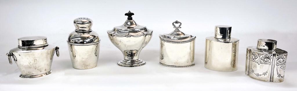 6 STERLING SILVER TEA CADDIES, 5 W/ ENG HALLMARKS (1 of 9)