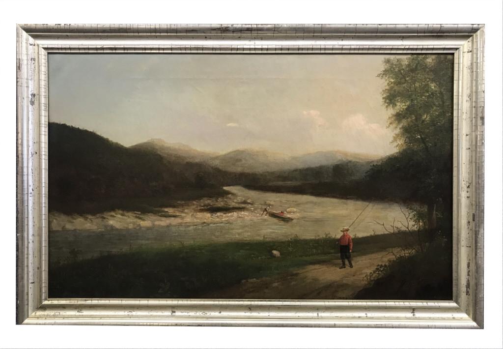 AMERICAN SCHOOL "TROUT FISHING" OIL/CANVAS SIGNED (1 of 4)