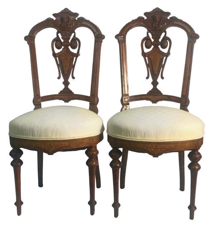 PR OF C. 1855 JENNY LIND CARVED WALNUT CHAIRS 38" X 18" (1 of 6)
