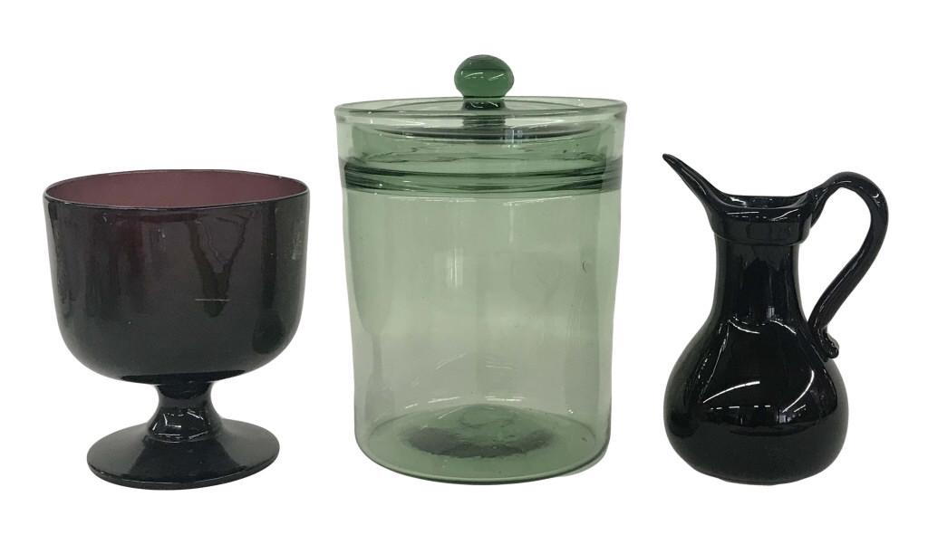 EARLY HAND BLOWN GLASS INC. COVERED AQUA JAR, AMETHYST (1 of 7)