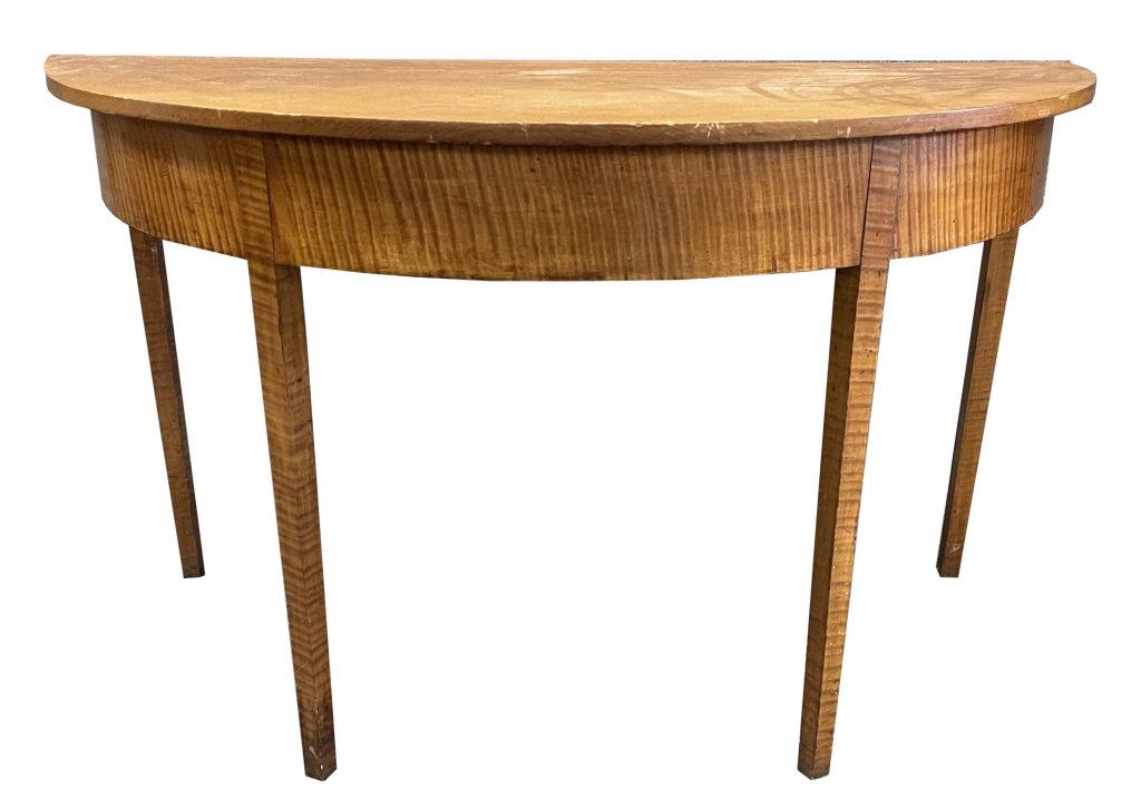 TIGER MAPLE & CHERRY HEPPLEWHITE DEMILUNE TABLE EARLY (1 of 6)