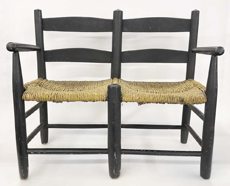 DOUBLE WAGON SEAT BENCH WITH RUSH SEATS 29" X 34" WIDE (1 of 6)