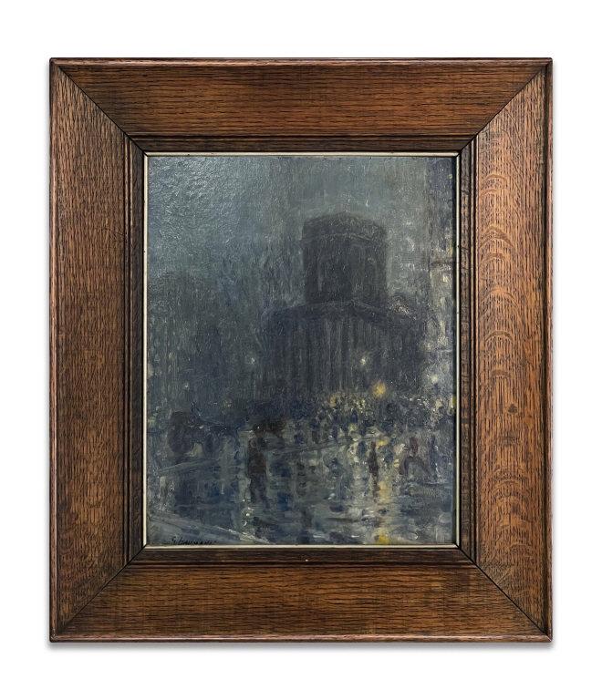 "CITY STREET SCENE AT NIGHT SGND G. BAUMANN OIL / BOARD (1 of 5)